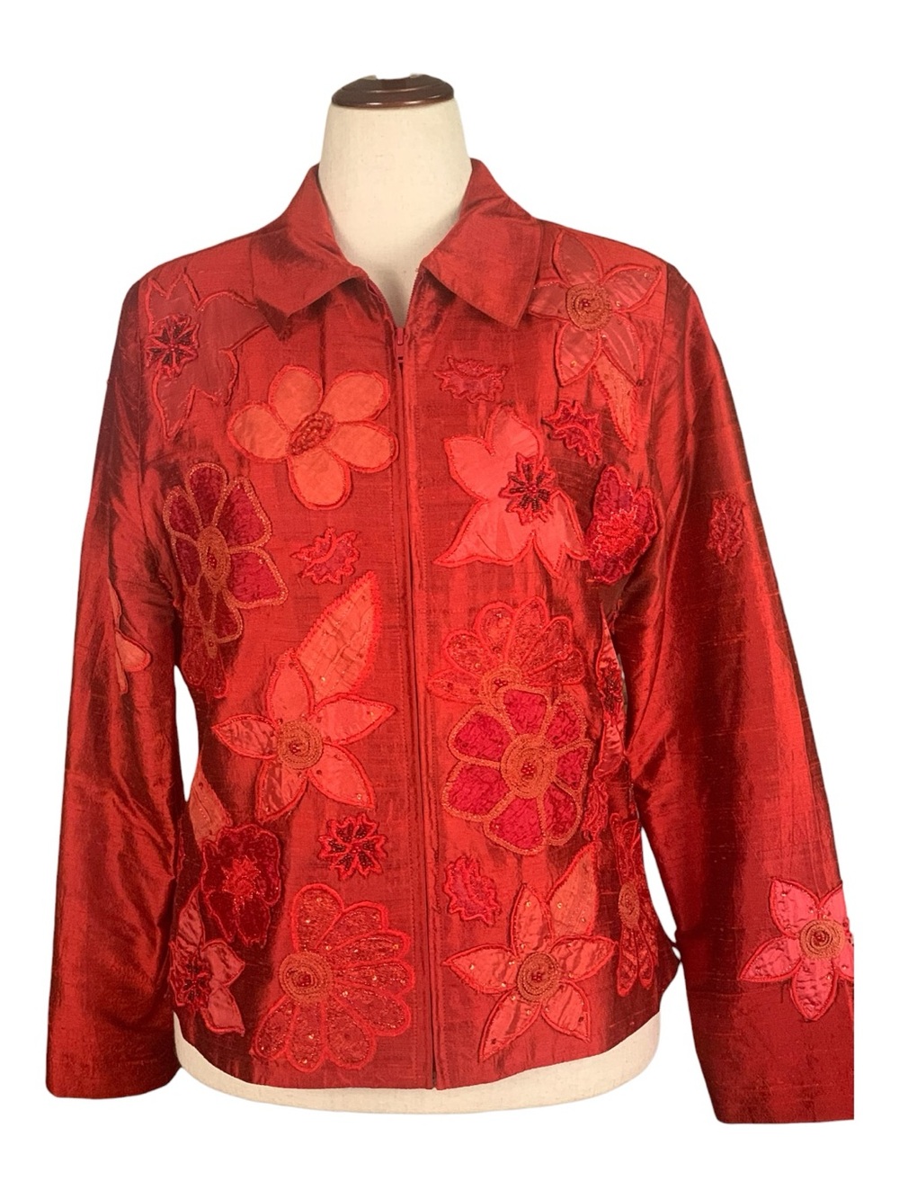 VTG 1980's Anage Red 100% Silk Zip Up Blazer Jacket‎ Floral Embroidery Medium